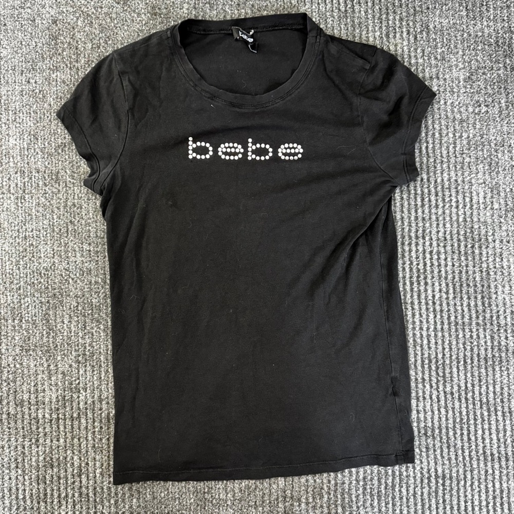 Bebe Black Rhinestone Logo Baby Tee Short Sleeve Y2K Vintage Top Large